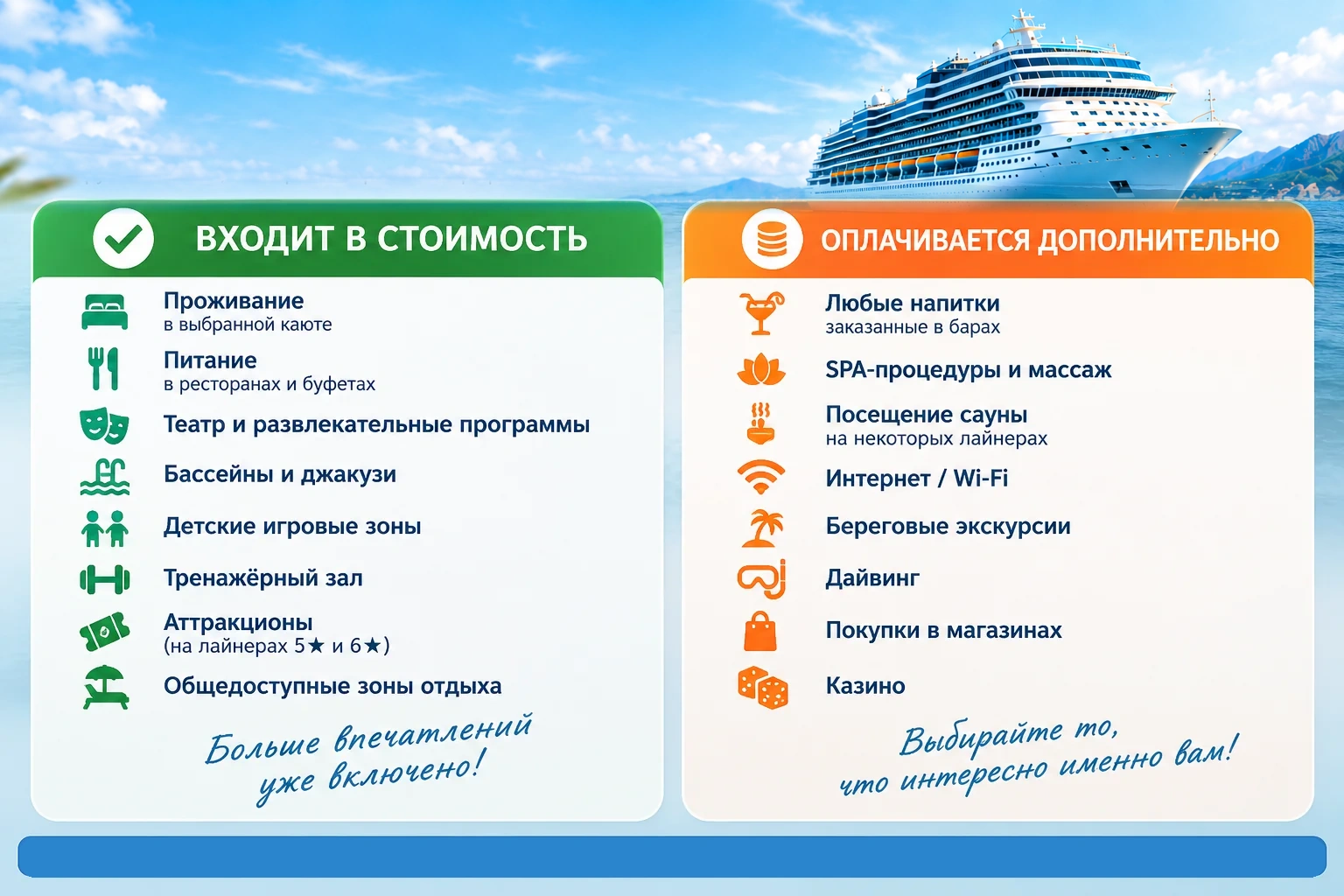 Что обычно входит в стоимость круиза и что оплачивается дополнительно