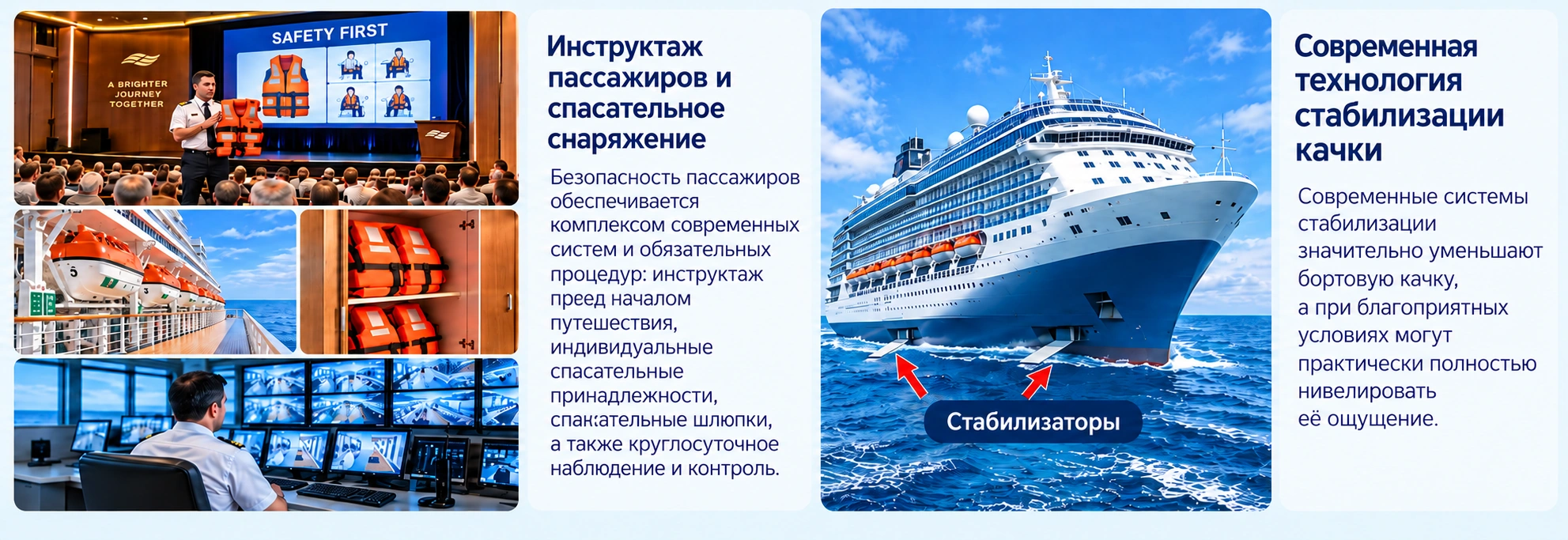 Инструктаж пассажиров и спасательное снаряжение, шлюпки, видеонаблюдение и современная технология стабилизации качки